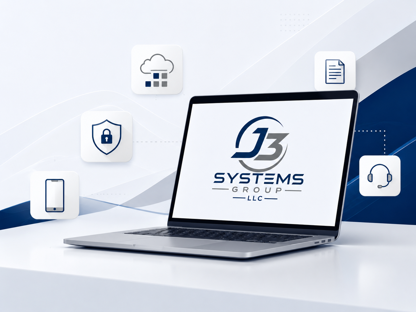 J3 Systems Group laptop with IT support icons for cloud services, cybersecurity, devices, documentation, and remote support.
